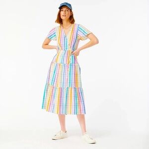 J.Crew Faux-wrap Dress In Rainbow Gingham Size 8 Tiered Midi Colorful